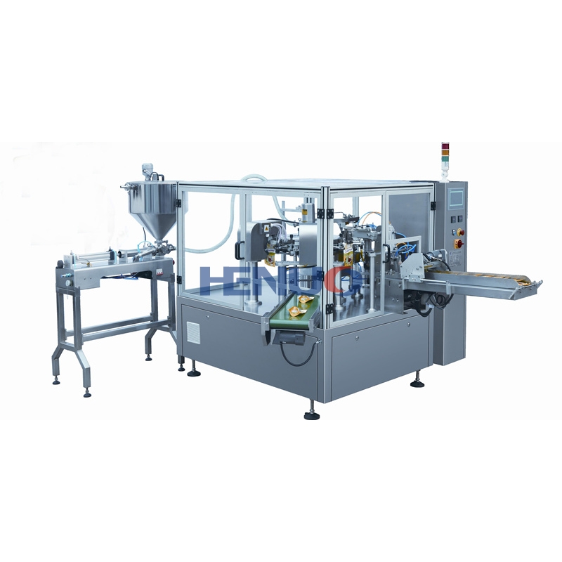 Rotary premade pouch packing machine for liquid